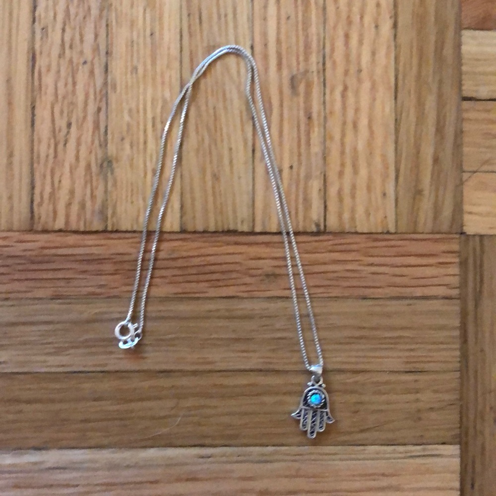 Hamza hand pendant with opal on silver cha…